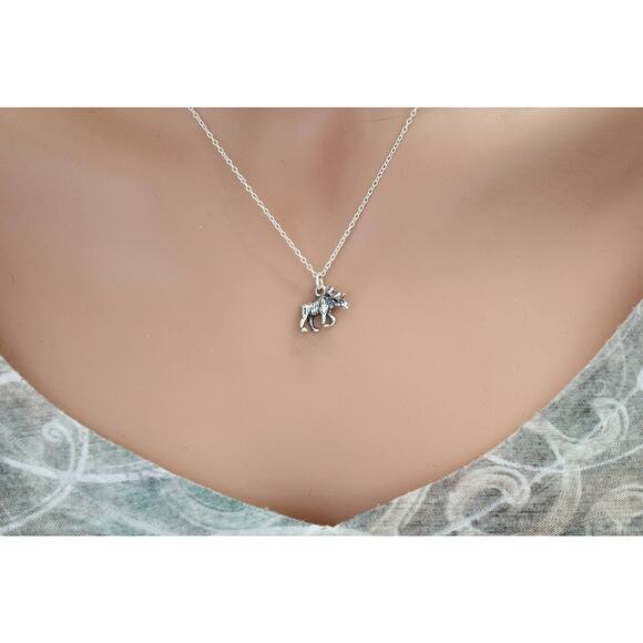 Sterling Silver Moose Necklace, Sterling Silver Moose Charm Necklace - Picture 3 of 6